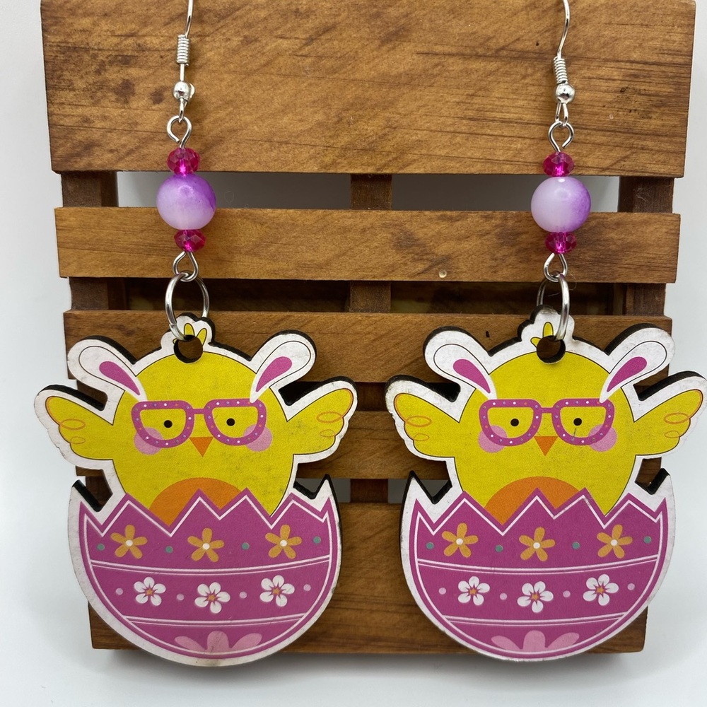 Whimsical Yellow and Pink Chick Earrings with Beads